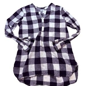 Old Navy Womens Navy Blue White Buffalo Plaid Henley Tunic Top M Long Sleeve